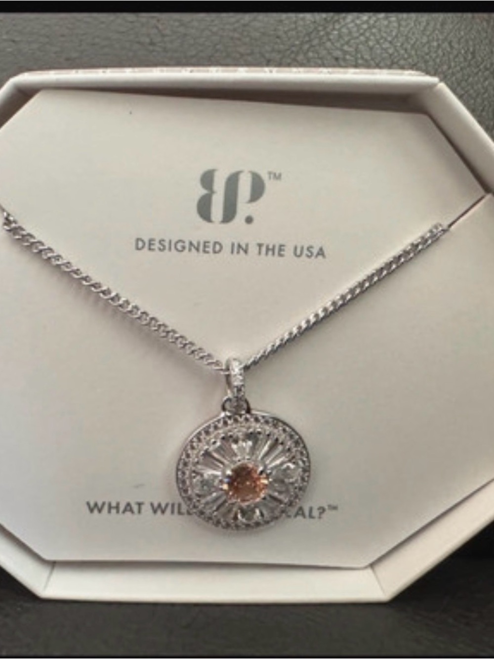 bp Silver-Tone Pendant Necklace with Pink Center Stone